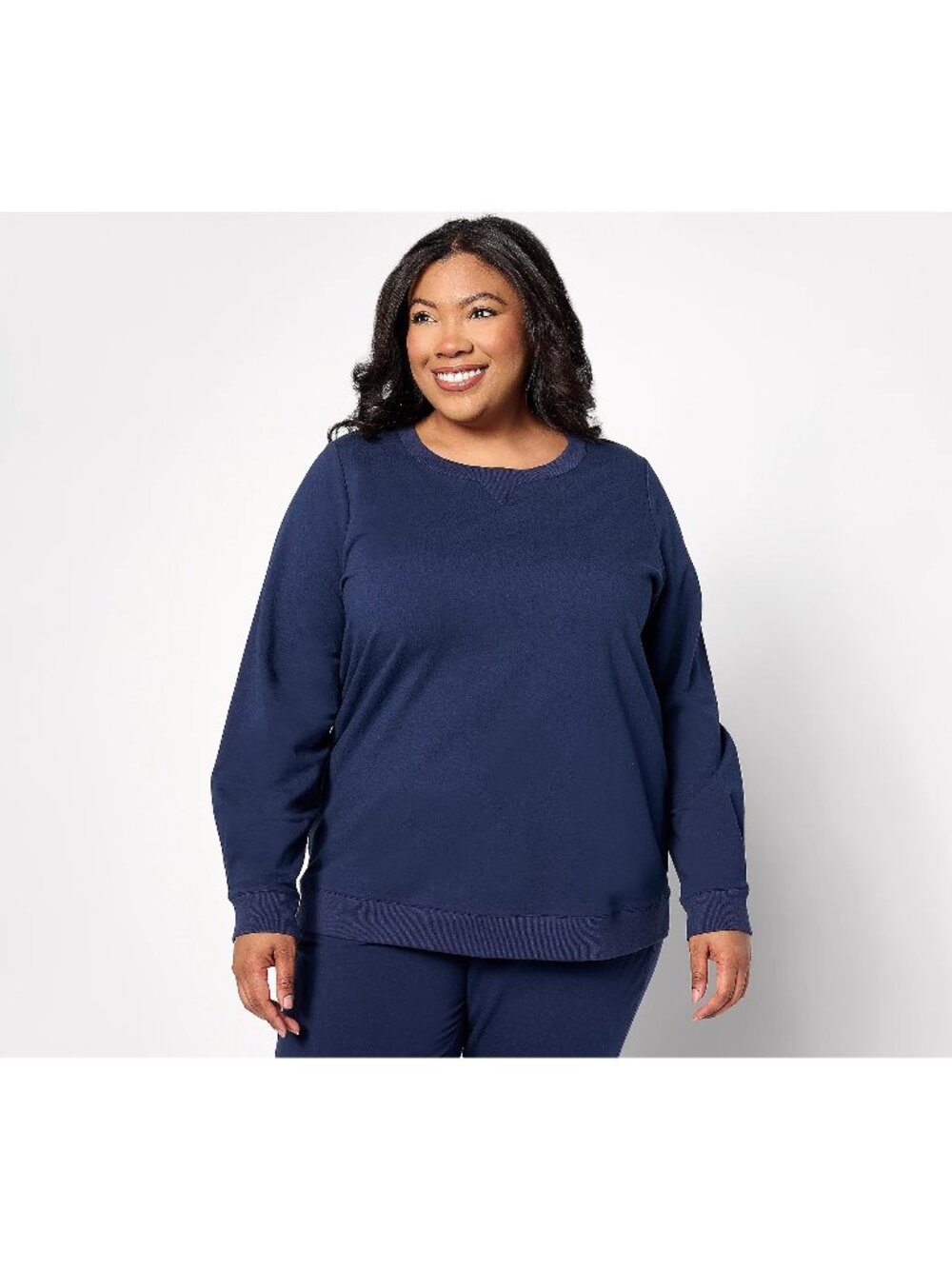 Denim and Company Top Medium Active French Terry Pleat Sleeve Navy Blue NEW